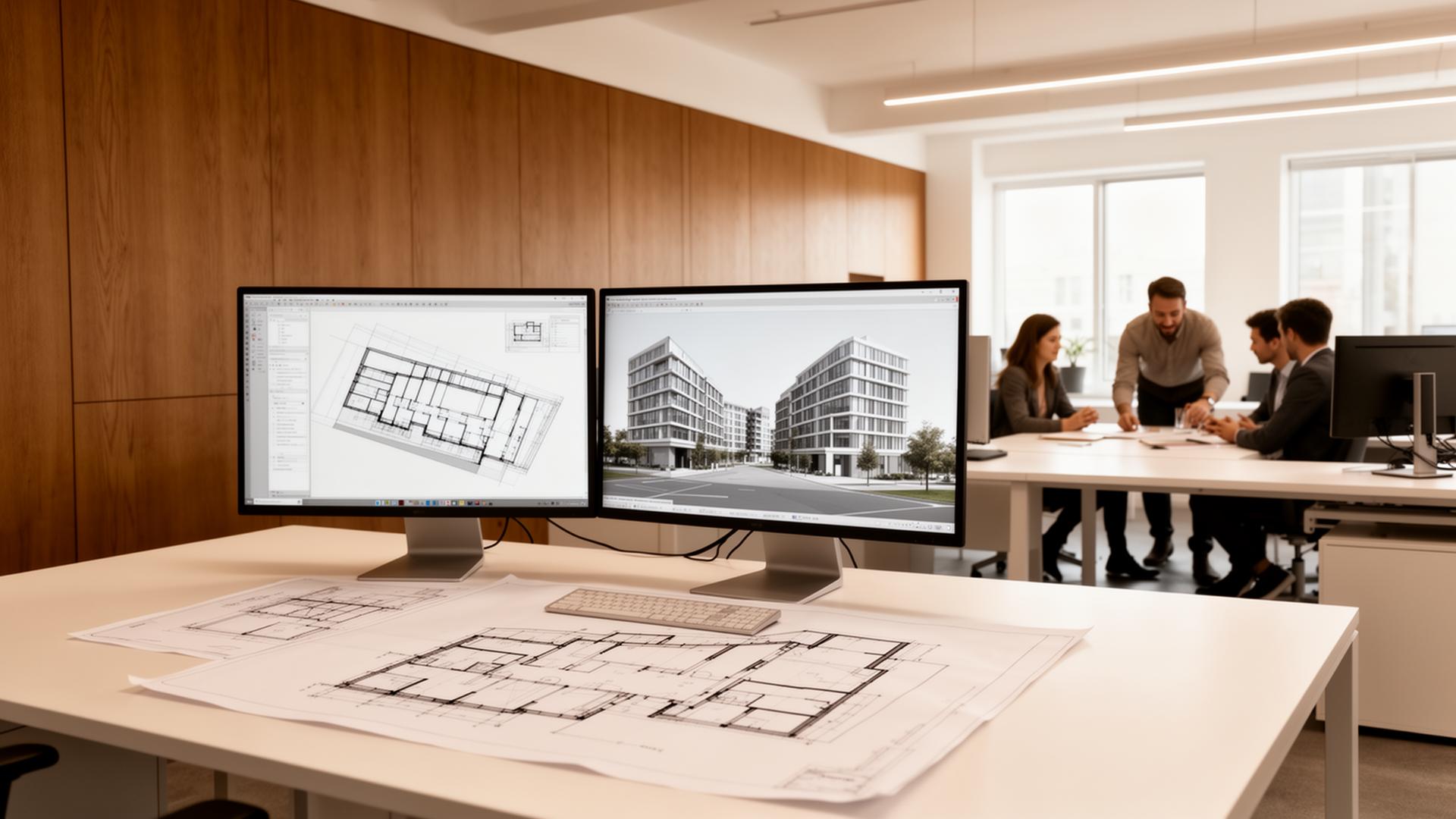 Modernes Architekturbüro mit Planungsarbeitsplätzen